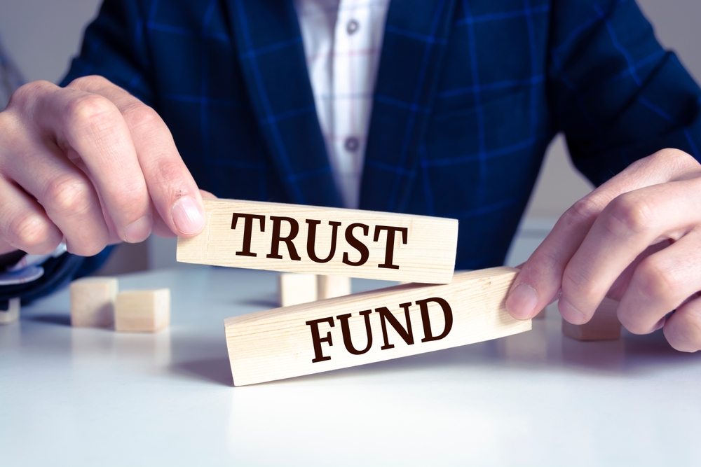 businessman holding a wooden block with Trust Fund message